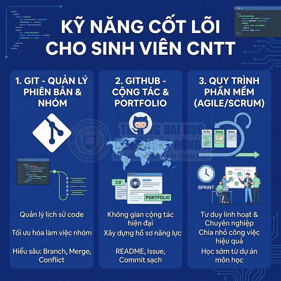 Infographic kỹ năng cốt lõi cho sinh viên CNTT về Git, GitHub và quy trình phát triển phần mềm Agile Scrum