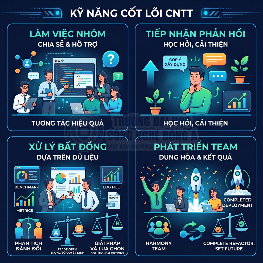 Infographic kỹ năng cốt lõi ngành CNTT về làm việc nhóm, tiếp nhận phản hồi, xử lý bất đồng và phát triển team