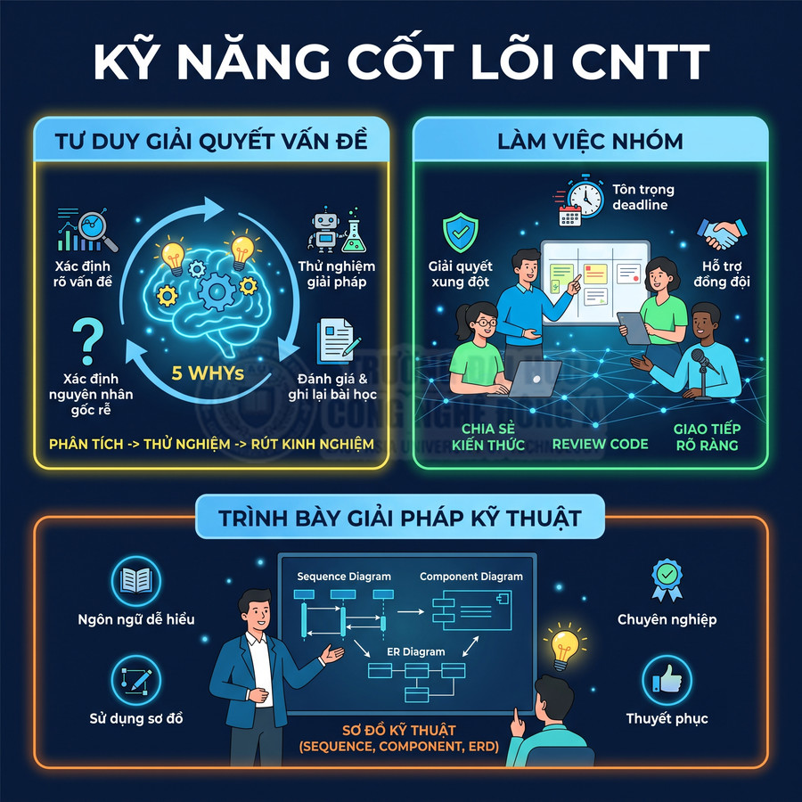 Infographic kỹ năng cốt lõi CNTT về tư duy giải quyết vấn đề, làm việc nhóm và trình bày giải pháp kỹ thuật
