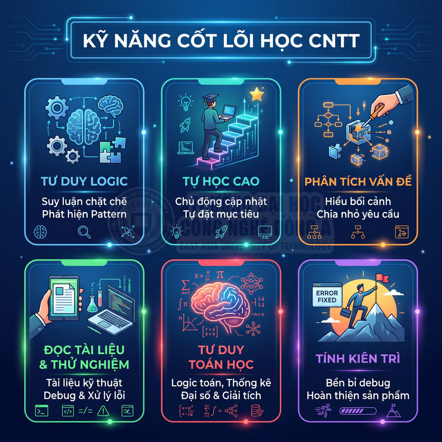 Kỹ năng cốt lõi học công nghệ thông tin với tư duy logic, tự học, phân tích vấn đề, đọc tài liệu, toán học và kiên trì