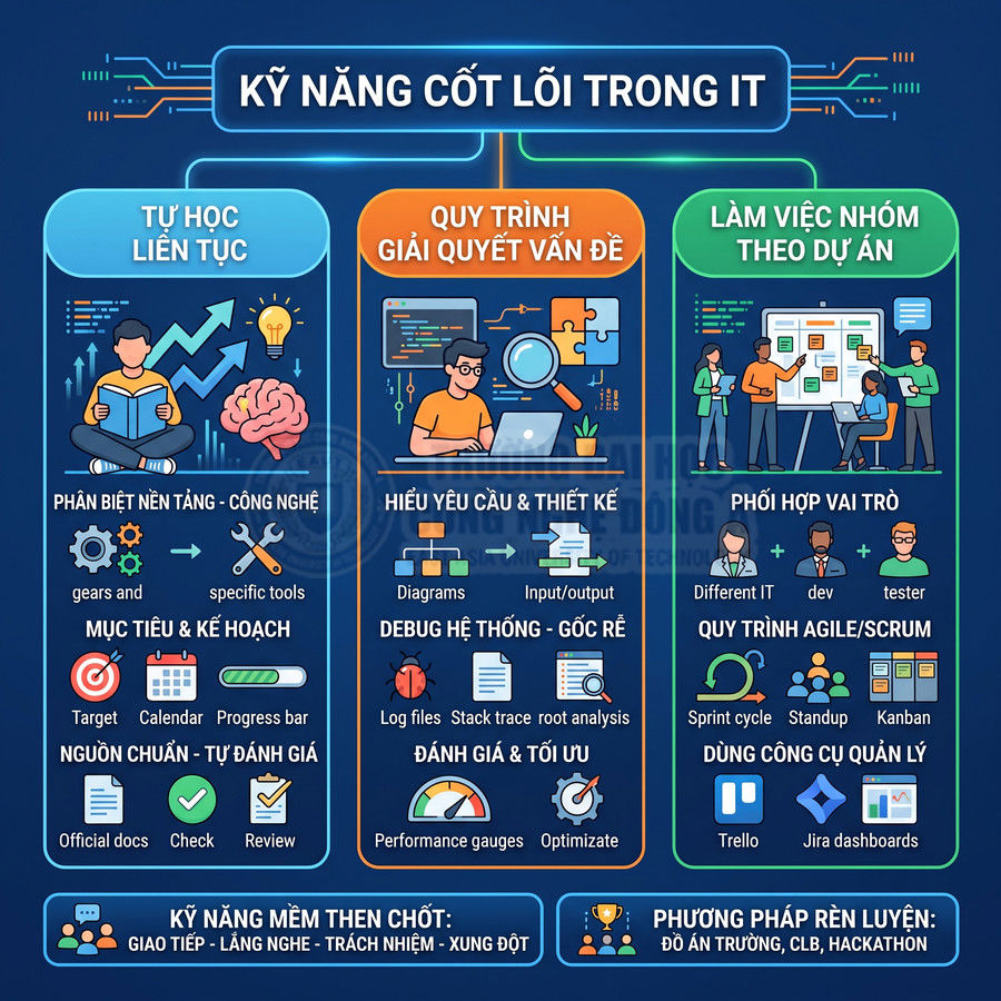 Infographic kỹ năng cốt lõi trong IT gồm tự học liên tục, quy trình giải quyết vấn đề và làm việc nhóm theo dự án