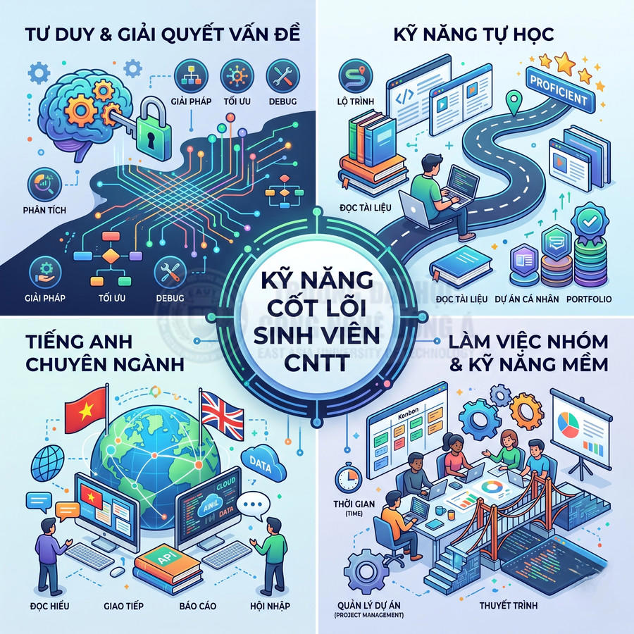 Infographic kỹ năng cốt lõi cho sinh viên công nghệ thông tin gồm tư duy, tự học, tiếng Anh, làm việc nhóm