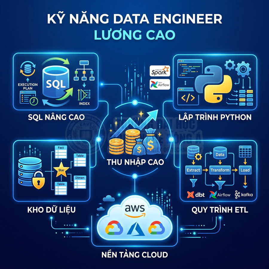 Kỹ năng cần có của data engineer lương cao gồm SQL nâng cao, Python, ETL, kho dữ liệu và nền tảng cloud