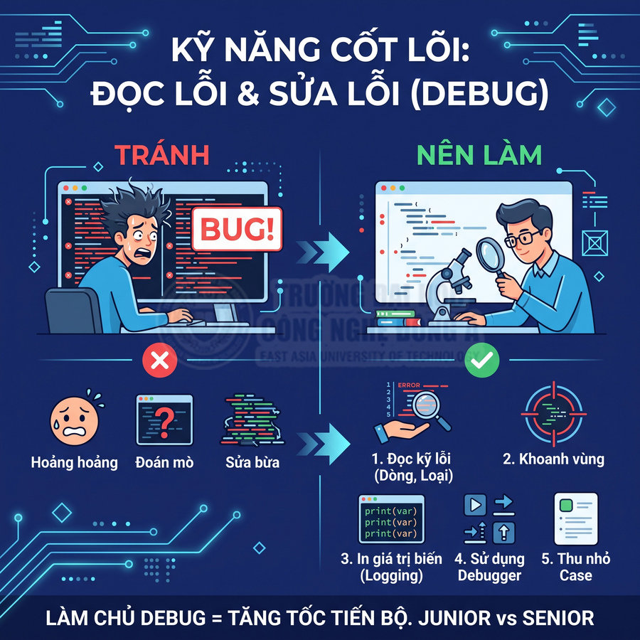 Infographic kỹ năng đọc lỗi và sửa lỗi debug cho lập trình viên với minh họa coder hoảng loạn và coder phân tích lỗi