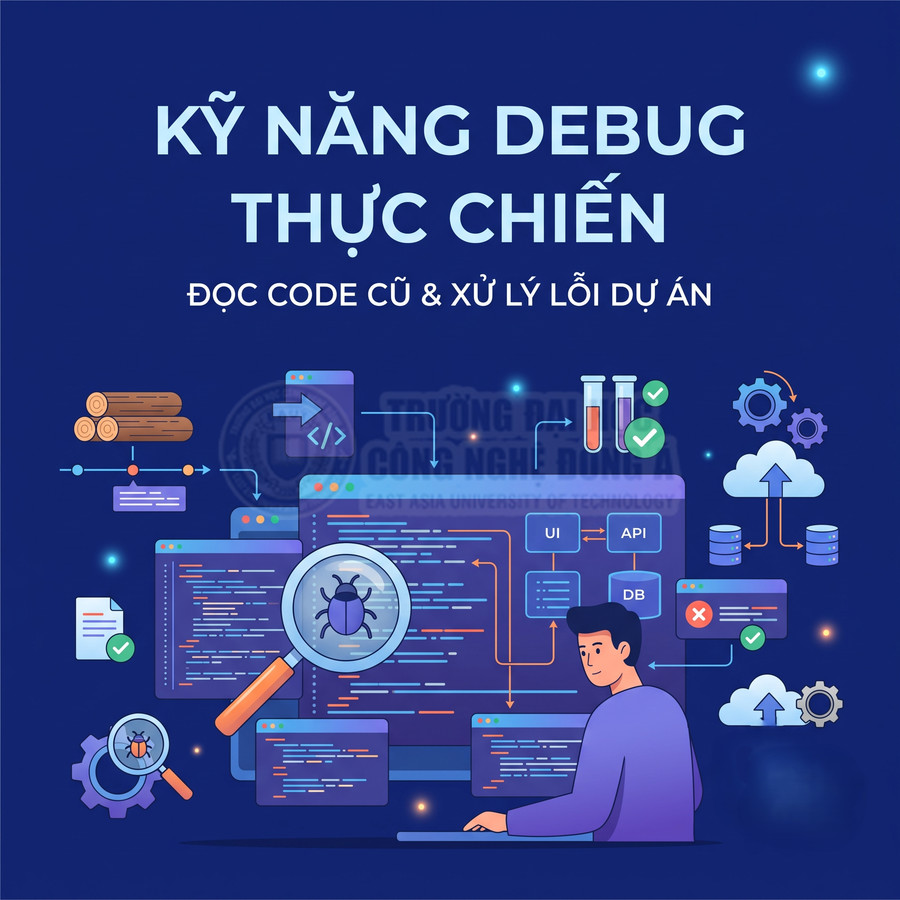 Banner kỹ năng debug thực chiến với lập trình viên đang phân tích code và tìm lỗi trên nhiều màn hình máy tính