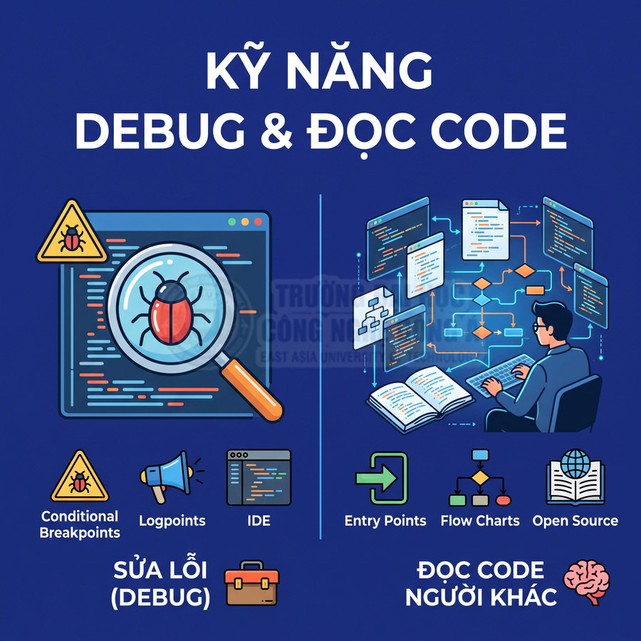 Kỹ năng debug và đọc code với minh họa lập trình viên, công cụ IDE, breakpoint và sơ đồ luồng xử lý