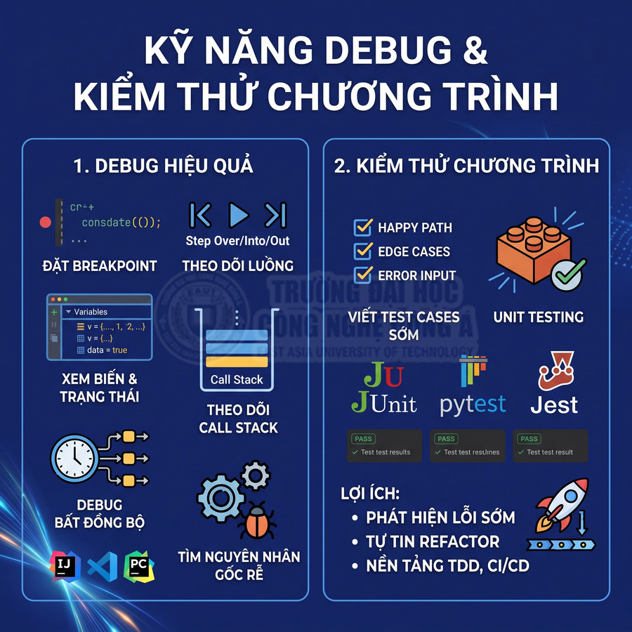Poster kỹ năng debug và kiểm thử chương trình với hướng dẫn đặt breakpoint, xem biến, unit test bằng JUnit, pytest, Jest
