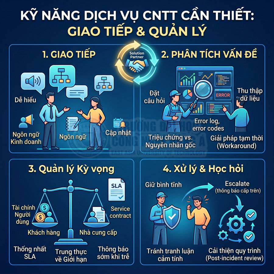Kỹ năng dịch vụ CNTT cần thiết về giao tiếp, phân tích vấn đề, quản lý kỳ vọng và xử lý học hỏi minh họa trực quan