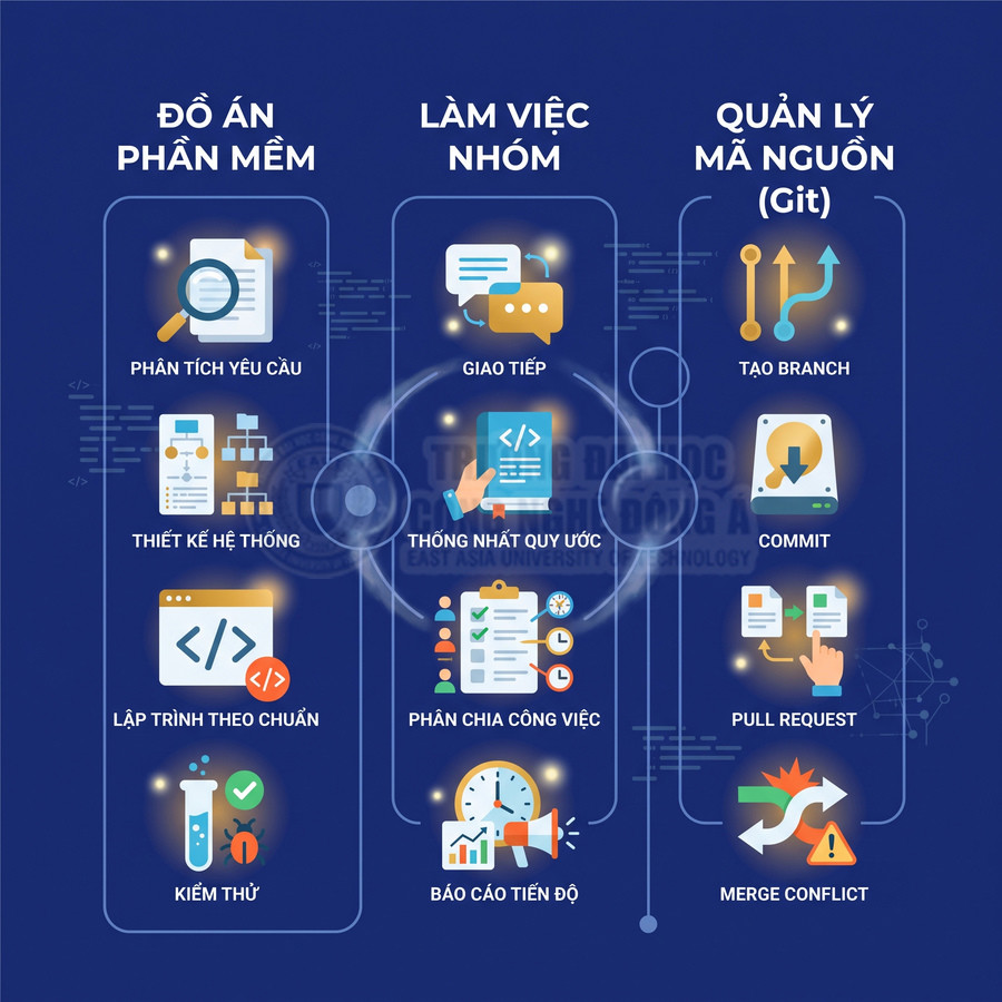 Infographic quy trình dự án phần mềm, làm việc nhóm và quản lý mã nguồn Git với các bước minh họa icon trực quan