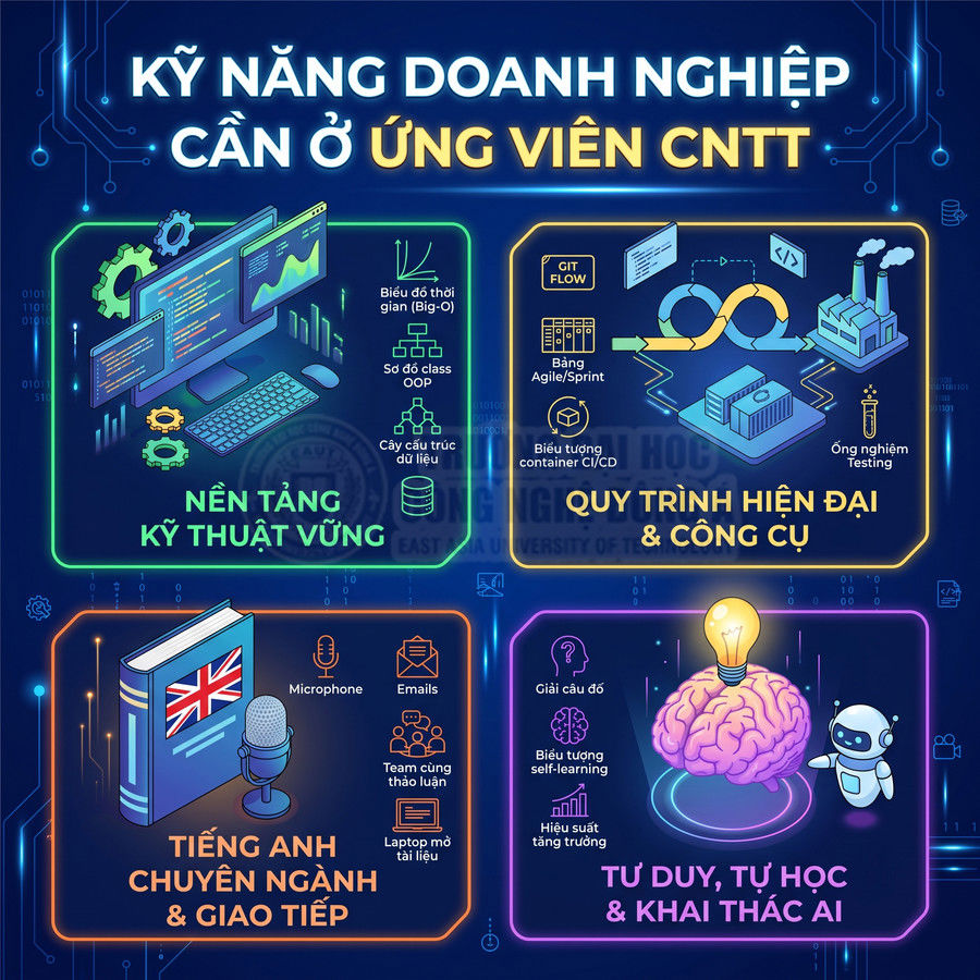 Kỹ năng doanh nghiệp cần ở ứng viên CNTT gồm nền tảng kỹ thuật, quy trình công cụ, tiếng Anh và tư duy khai thác AI