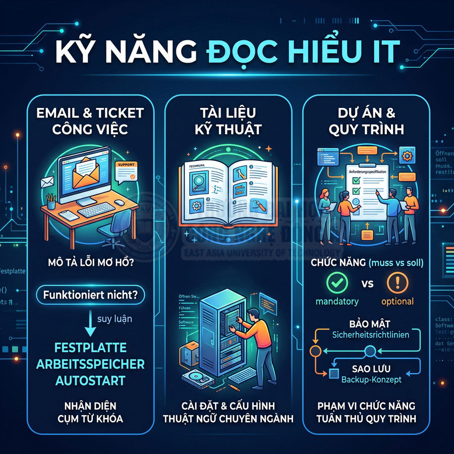 Infographic kỹ năng đọc hiểu IT với email công việc, tài liệu kỹ thuật và dự án quy trình cho dân IT