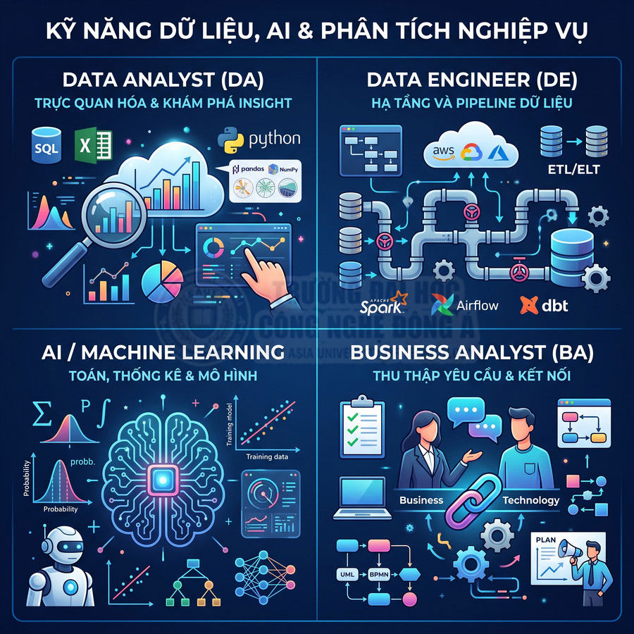 Tổng quan kỹ năng Data Analyst, Data Engineer, AI Machine Learning và Business Analyst với biểu tượng công cụ trực quan