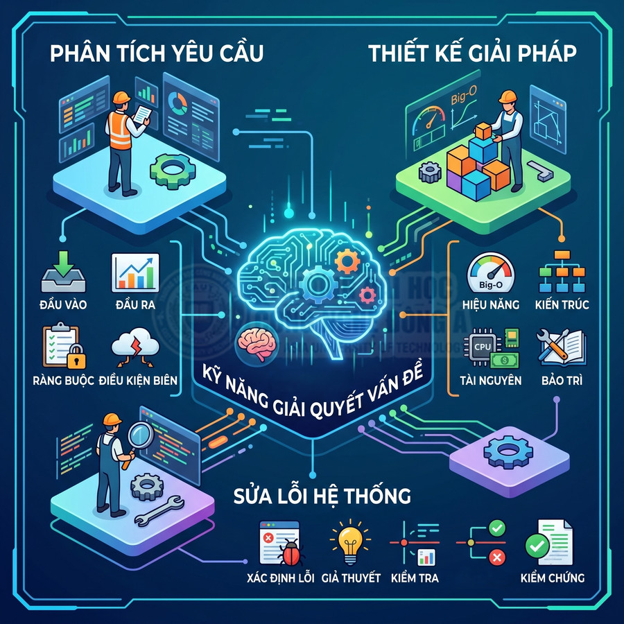 Infographic kỹ năng giải quyết vấn đề trong phân tích yêu cầu, thiết kế giải pháp và sửa lỗi hệ thống phần mềm