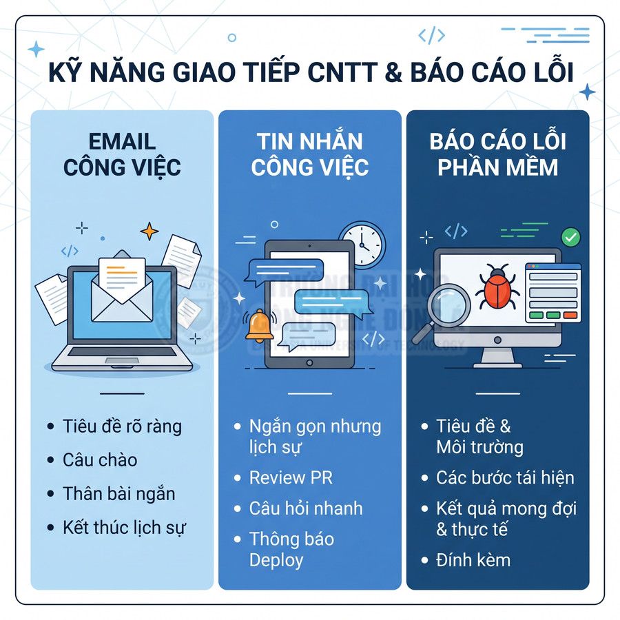 Hướng dẫn kỹ năng giao tiếp CNTT qua email, tin nhắn công việc và báo cáo lỗi phần mềm trên minh họa laptop, tablet, máy tính