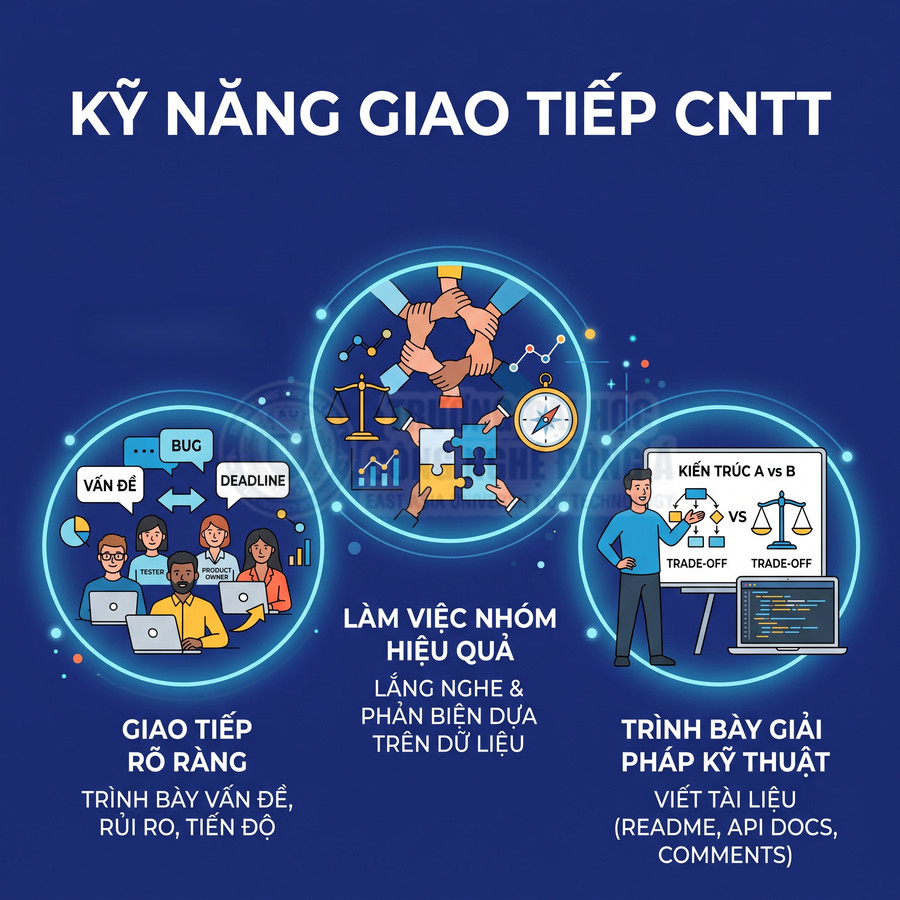 Kỹ năng giao tiếp trong ngành CNTT với minh họa giao tiếp rõ ràng, làm việc nhóm và trình bày giải pháp kỹ thuật