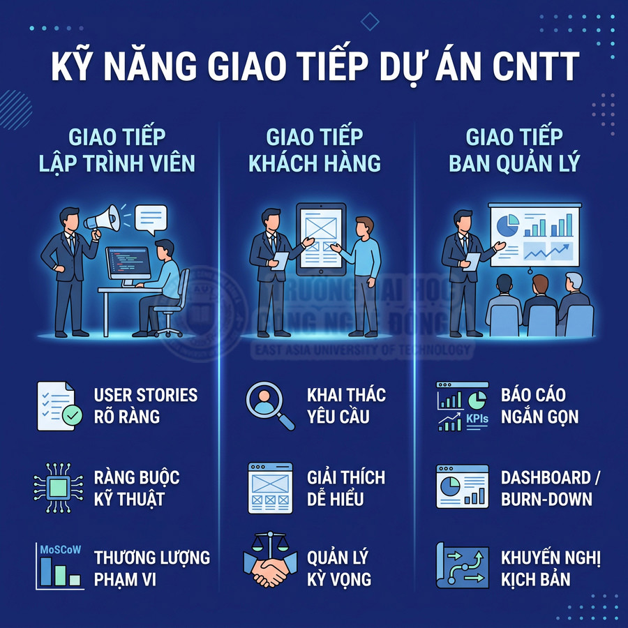Infographic kỹ năng giao tiếp dự án CNTT với lập trình viên, khách hàng và ban quản lý bằng hình minh họa và icon
