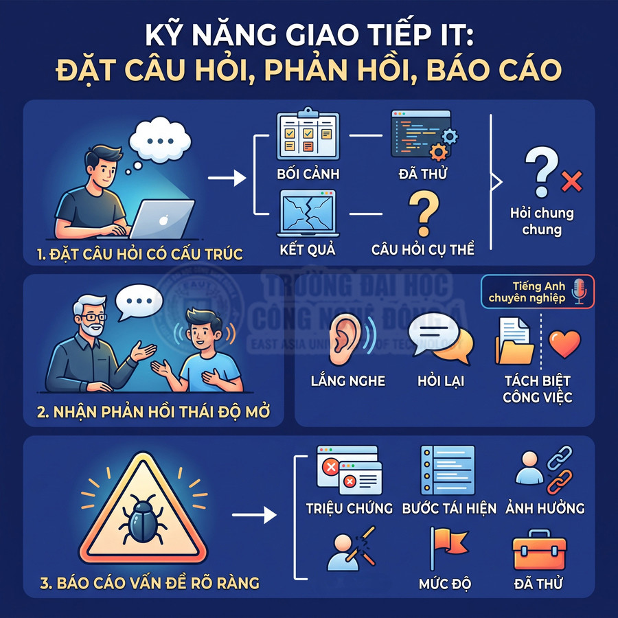 Infographic kỹ năng giao tiếp IT về đặt câu hỏi, nhận phản hồi và báo cáo vấn đề rõ ràng