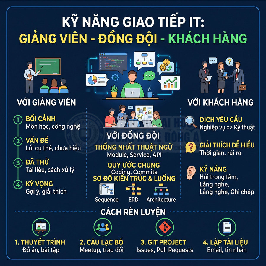 Infographic kỹ năng giao tiếp IT với giảng viên, đồng đội, khách hàng và cách rèn luyện hiệu quả