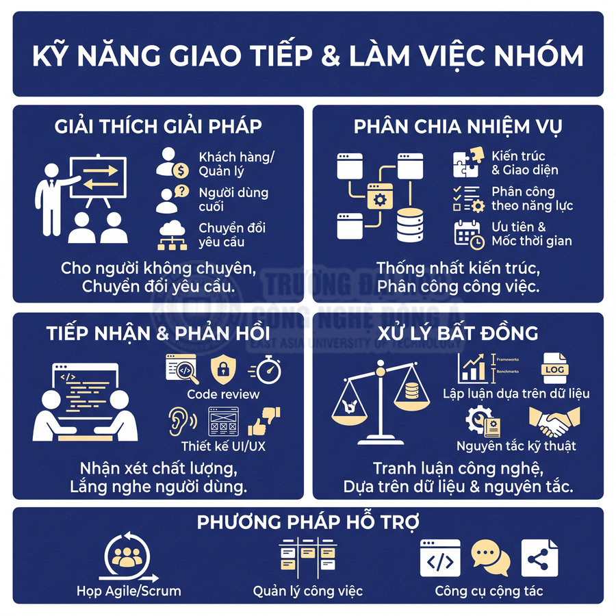 Kỹ năng giao tiếp và làm việc nhóm gồm giải thích giải pháp, phân chia nhiệm vụ, phản hồi và xử lý bất đồng