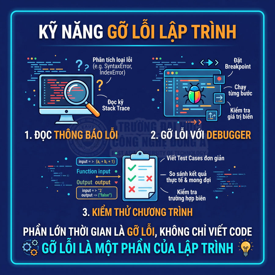 Infographic kỹ năng gỡ lỗi lập trình với các bước đọc thông báo lỗi, dùng debugger và kiểm thử chương trình