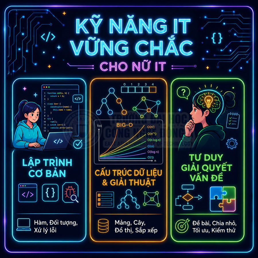 Kỹ năng IT vững chắc cho nữ IT với lập trình cơ bản, cấu trúc dữ liệu giải thuật và tư duy giải quyết vấn đề