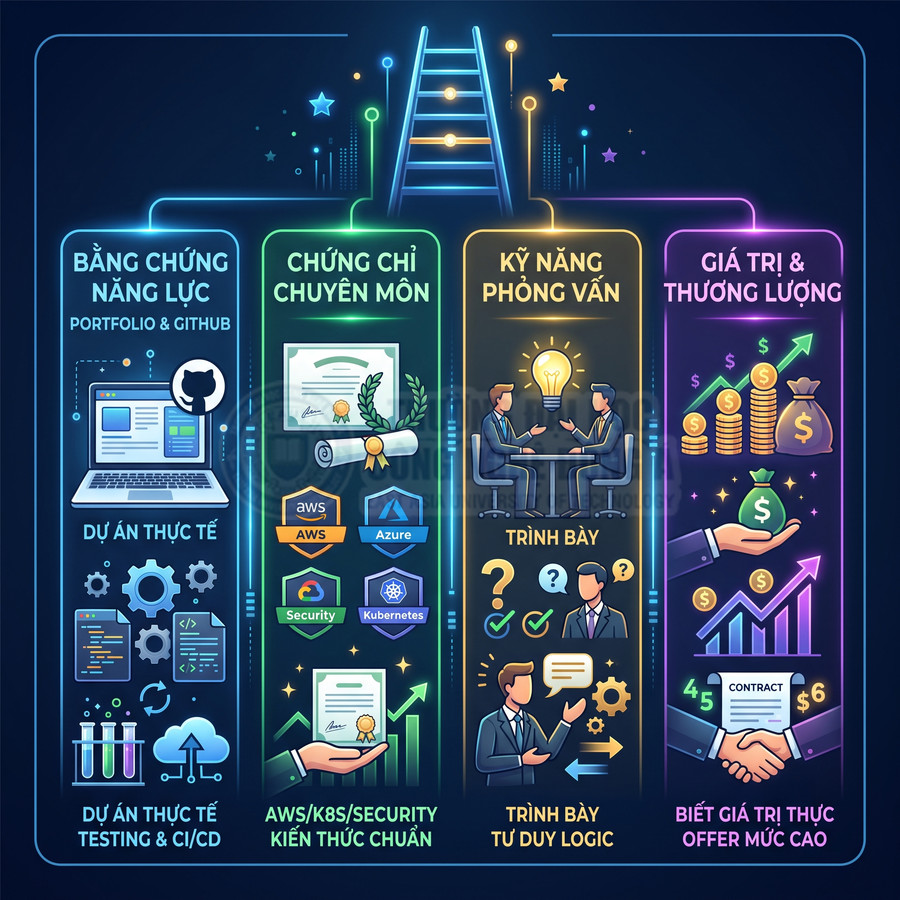 Infographic lộ trình tăng lương IT với portfolio GitHub, chứng chỉ AWS Azure, kỹ năng phỏng vấn và thương lượng offer