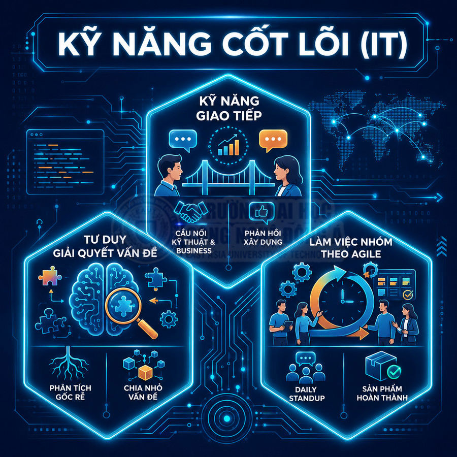 Minh họa kỹ năng cốt lõi IT gồm giao tiếp, tư duy giải quyết vấn đề và làm việc nhóm theo Agile