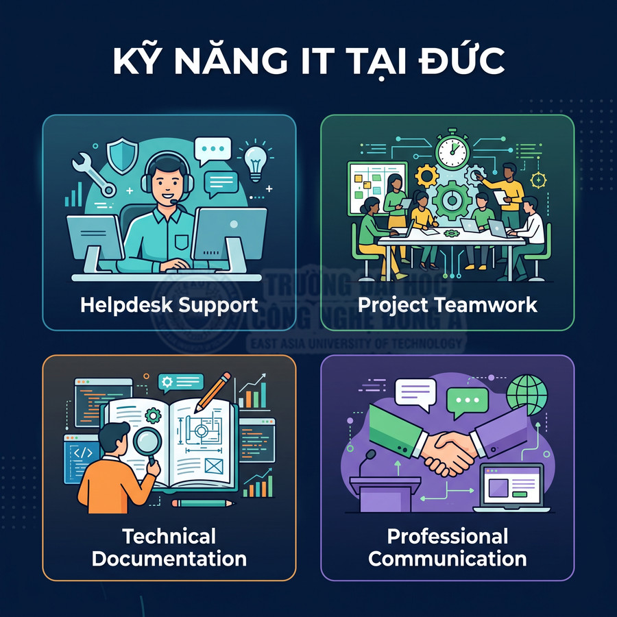 Kỹ năng IT tại Đức gồm helpdesk support, làm việc nhóm dự án, viết tài liệu kỹ thuật và giao tiếp chuyên nghiệp
