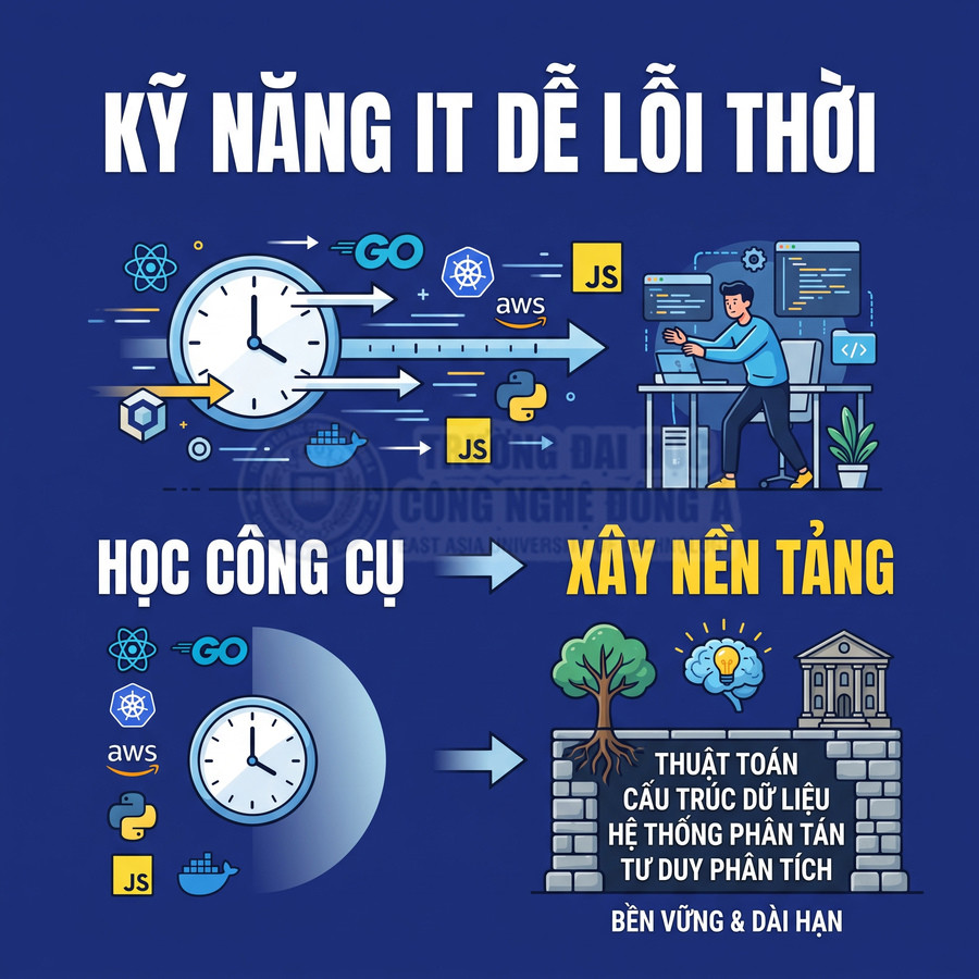 Poster kỹ năng IT với biểu tượng JavaScript, Python, AWS, Docker, Kubernetes, React và thông điệp học công cụ vs xây nền tảng