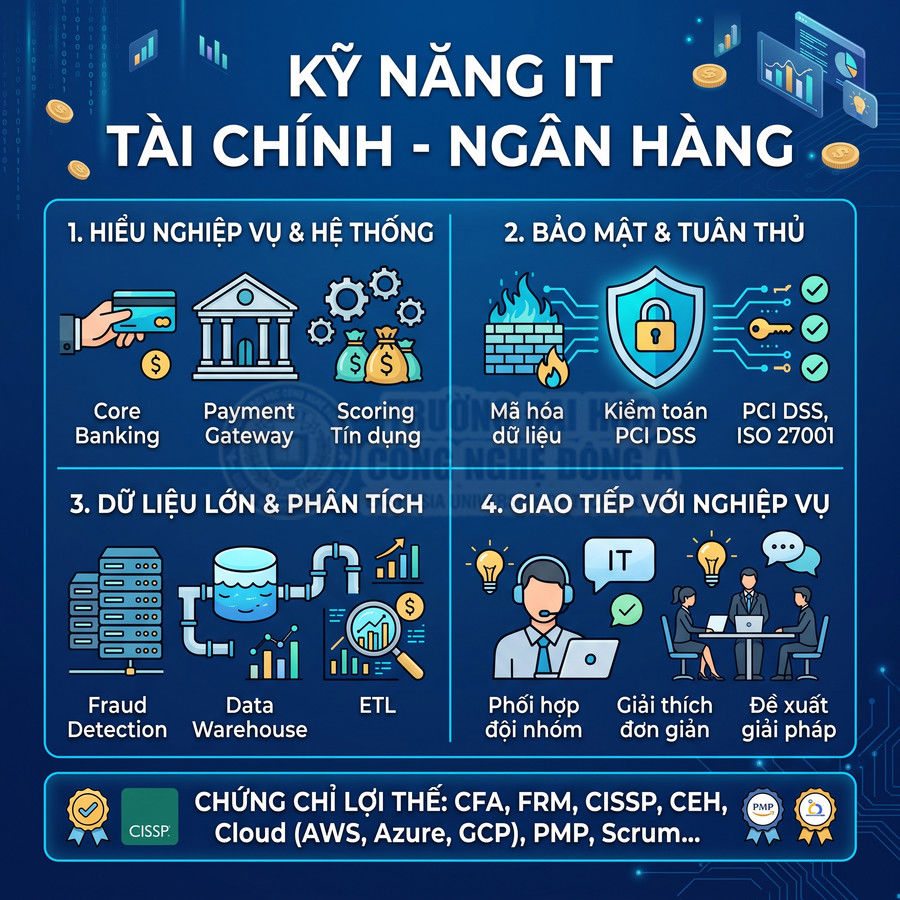 Kỹ năng IT tài chính ngân hàng gồm nghiệp vụ hệ thống, bảo mật tuân thủ, dữ liệu lớn phân tích và giao tiếp với nghiệp vụ