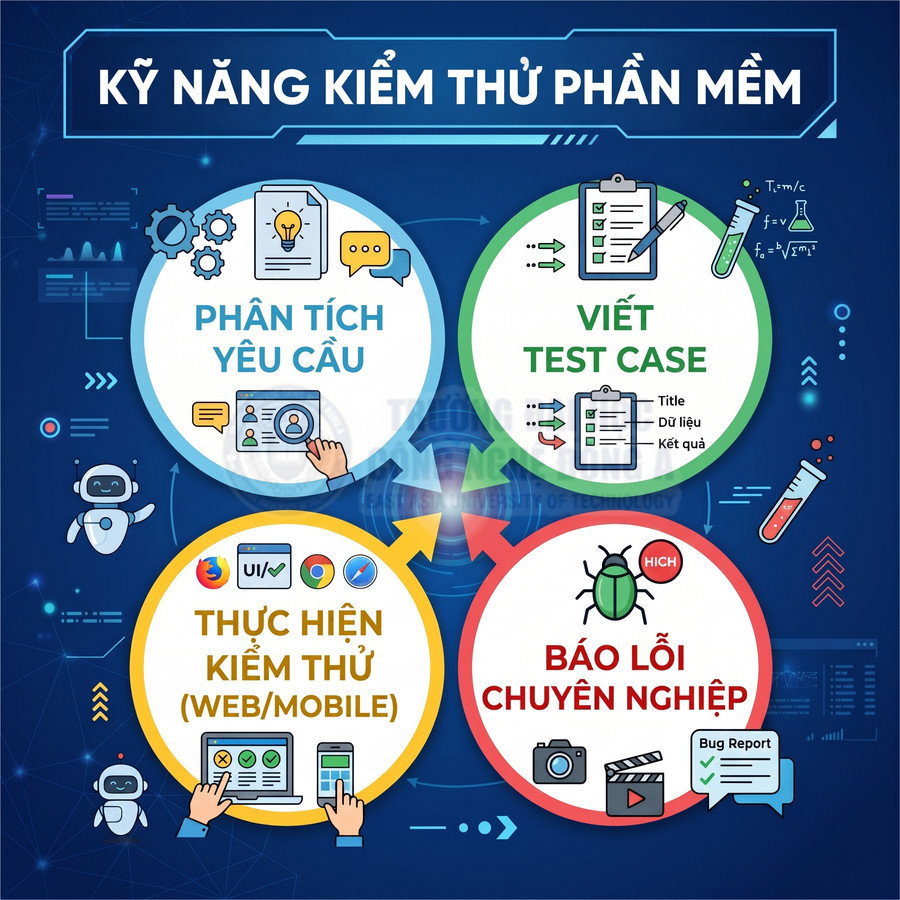Infographic kỹ năng kiểm thử phần mềm với các bước phân tích yêu cầu, viết test case, kiểm thử và báo lỗi