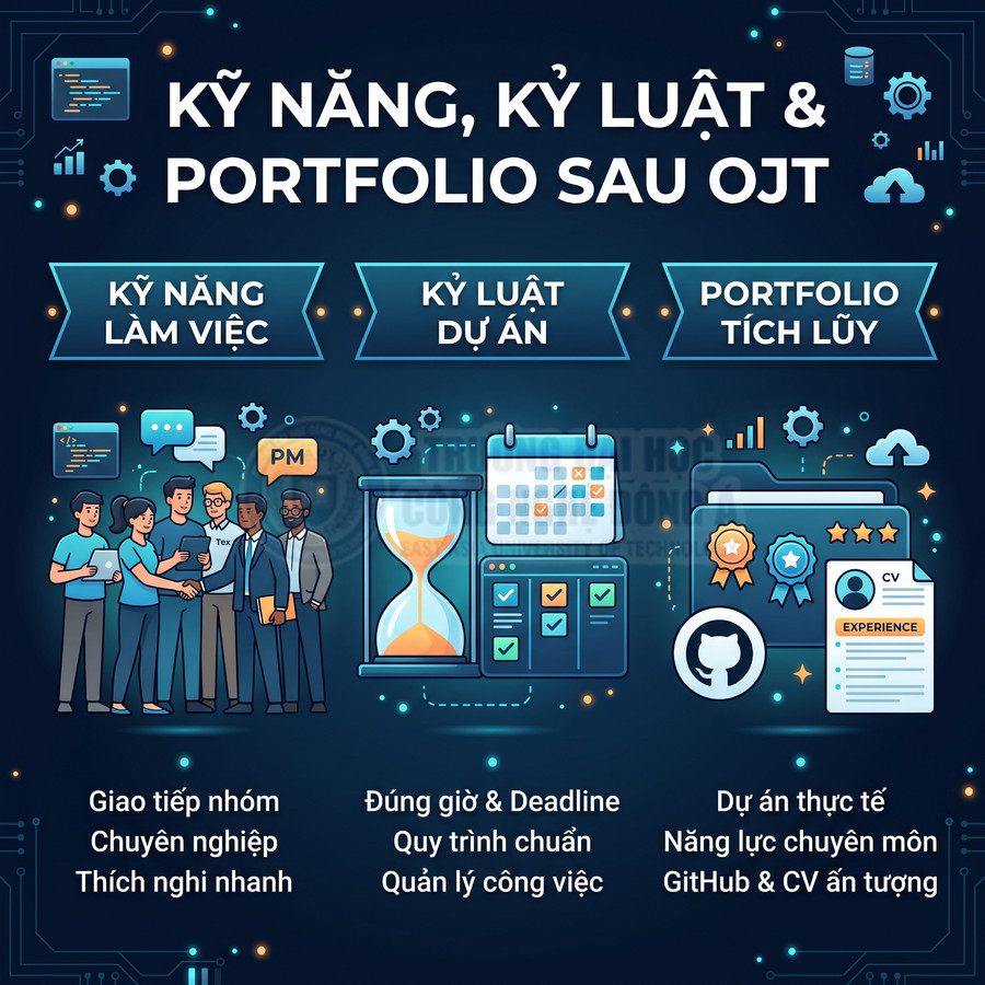Kỹ năng, kỷ luật và portfolio sau OJT với kỹ năng làm việc nhóm, quản lý dự án và hồ sơ CV chuyên nghiệp