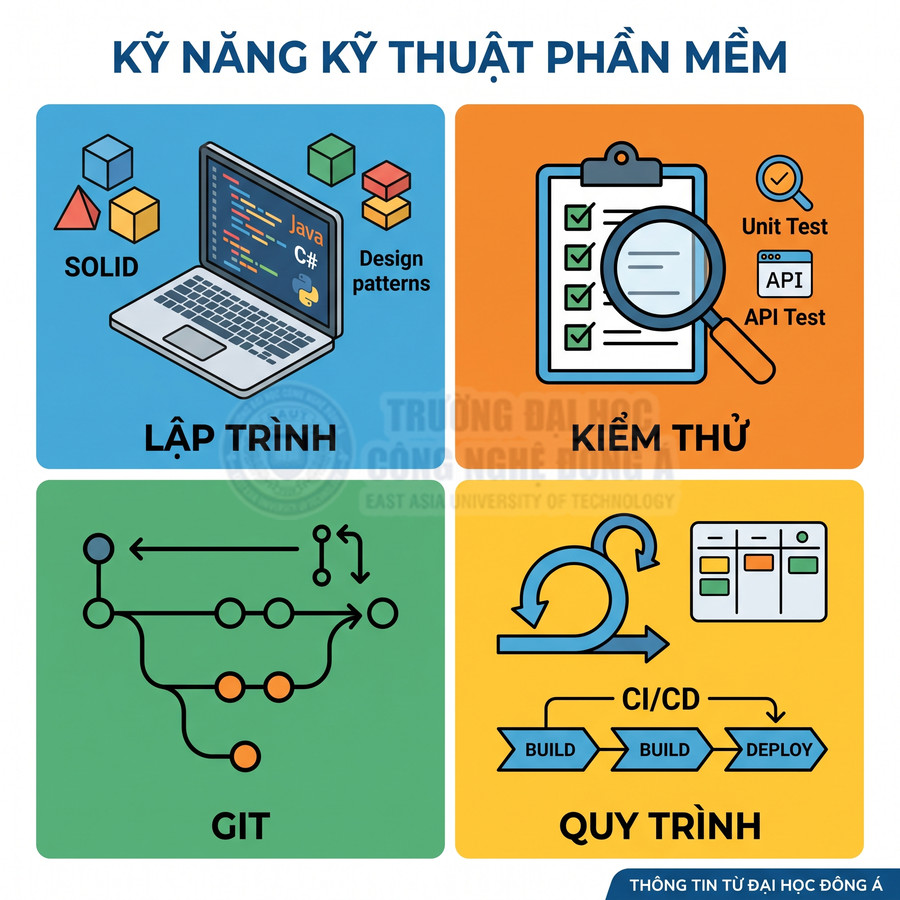 Kỹ năng kỹ thuật phần mềm gồm lập trình, kiểm thử, Git và quy trình CI CD minh họa trực quan