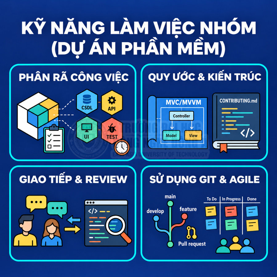 Kỹ năng làm việc nhóm trong dự án phần mềm gồm phân rã công việc, kiến trúc, giao tiếp, dùng Git và Agile