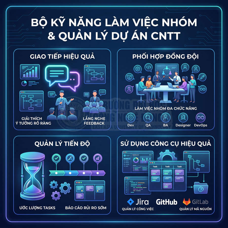 Infographic kỹ năng làm việc nhóm và quản lý dự án CNTT, dùng Jira GitHub GitLab, giao tiếp và quản lý tiến độ