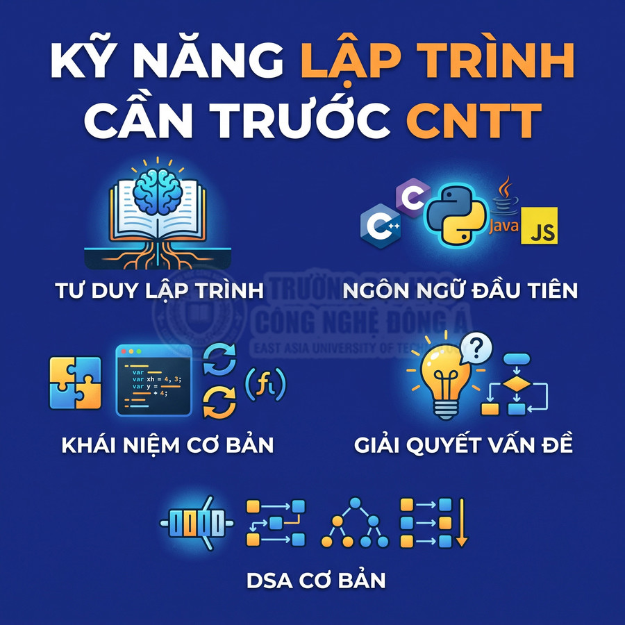 Kỹ năng lập trình cần trước CNTT gồm tư duy, ngôn ngữ đầu tiên, khái niệm cơ bản, giải quyết vấn đề, DSA cơ bản