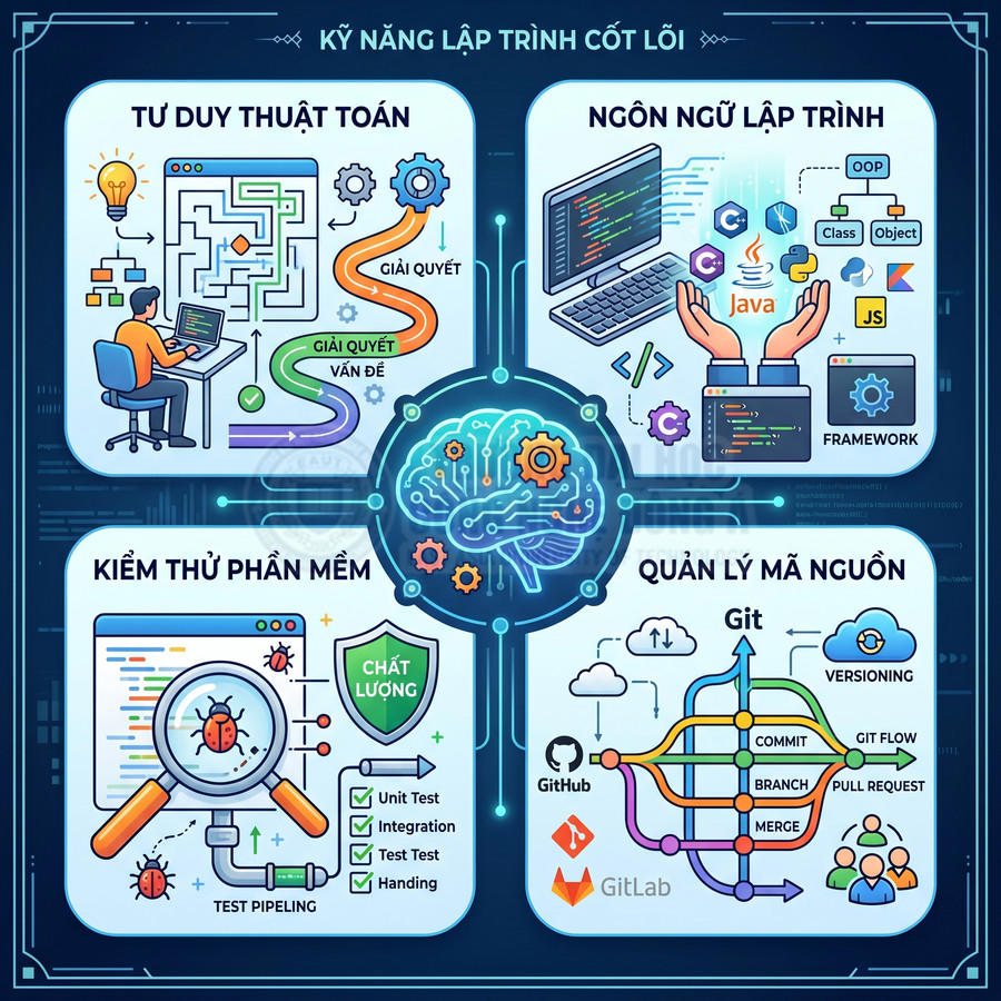Infographic kỹ năng lập trình cốt lõi gồm tư duy thuật toán, ngôn ngữ lập trình, kiểm thử phần mềm và quản lý mã nguồn Git