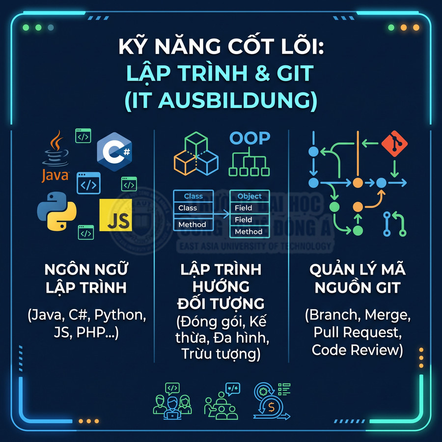 Poster kỹ năng cốt lõi lập trình và Git với ngôn ngữ Java, C#, Python, JavaScript, OOP và quản lý mã nguồn Git