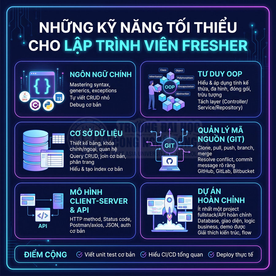 Infographic kỹ năng tối thiểu cho lập trình viên fresher về ngôn ngữ lập trình, OOP, database, Git, API và dự án hoàn chỉnh