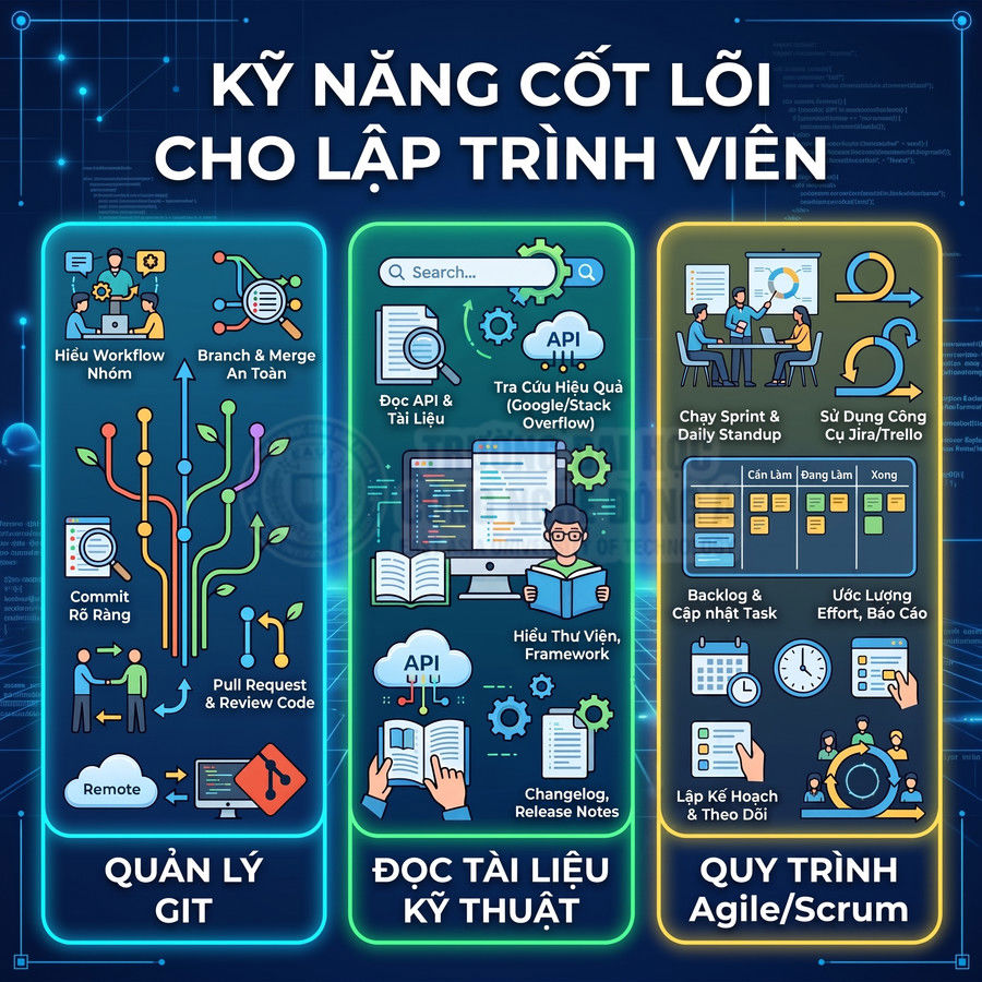 Kỹ năng cốt lõi cho lập trình viên về quản lý Git, đọc tài liệu kỹ thuật và quy trình Agile Scrum