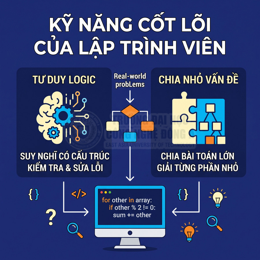 Kỹ năng cốt lõi của lập trình viên với tư duy logic và chia nhỏ vấn đề minh họa bằng biểu đồ và màn hình code