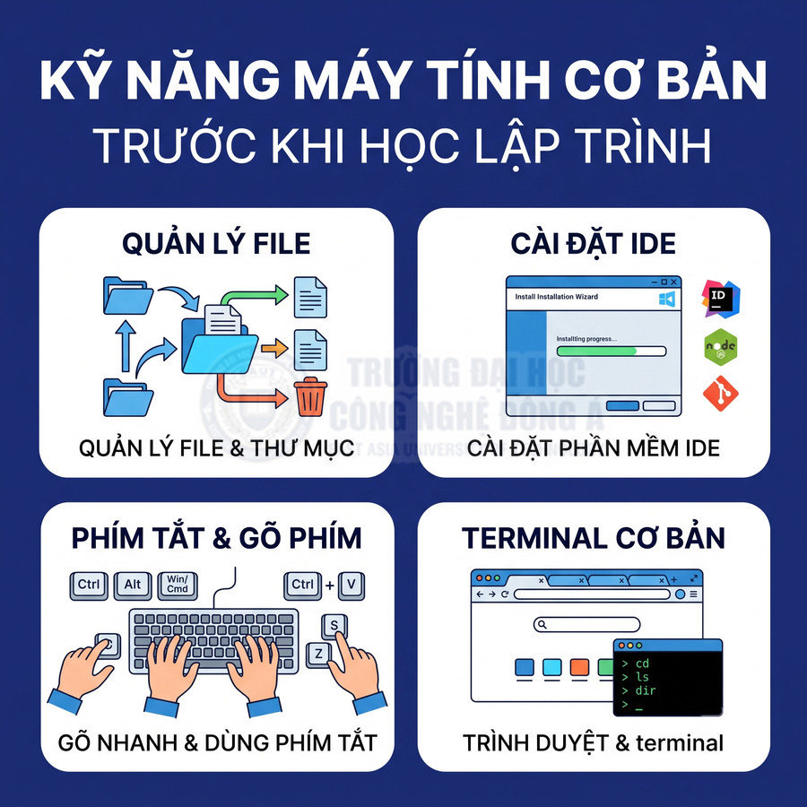 Kỹ năng máy tính cơ bản trước khi học lập trình gồm quản lý file, cài đặt IDE, phím tắt và dùng terminal