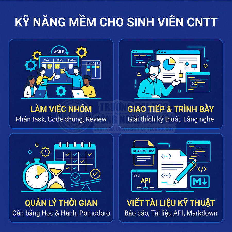 Kỹ năng mềm quan trọng cho sinh viên CNTT gồm làm việc nhóm, giao tiếp, quản lý thời gian và viết tài liệu kỹ thuật