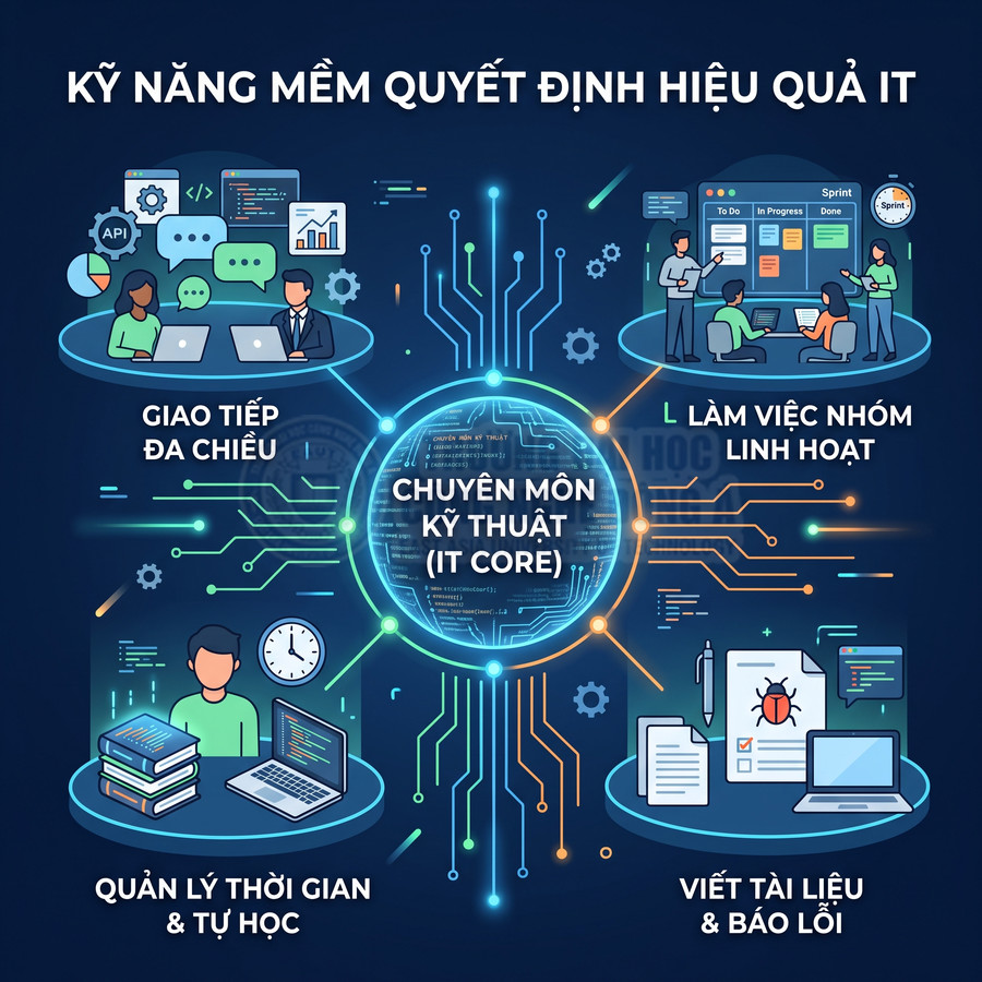 Kỹ năng mềm quan trọng trong ngành IT gồm giao tiếp, làm việc nhóm, quản lý thời gian, viết tài liệu và chuyên môn kỹ thuật