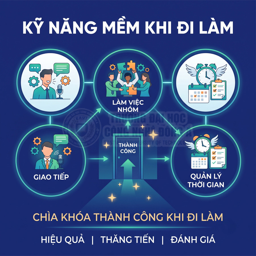 Infographic kỹ năng mềm khi đi làm với giao tiếp, làm việc nhóm và quản lý thời gian dẫn tới thành công