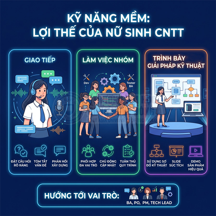 Kỹ năng mềm giúp nữ sinh CNTT giao tiếp, làm việc nhóm và trình bày giải pháp kỹ thuật hướng tới vai trò BA PO PM Tech Lead