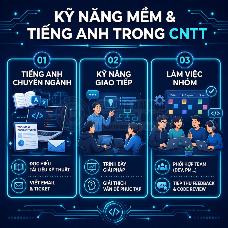Kỹ năng mềm và tiếng Anh trong ngành CNTT với minh họa đọc tài liệu, giao tiếp và làm việc nhóm cho lập trình viên