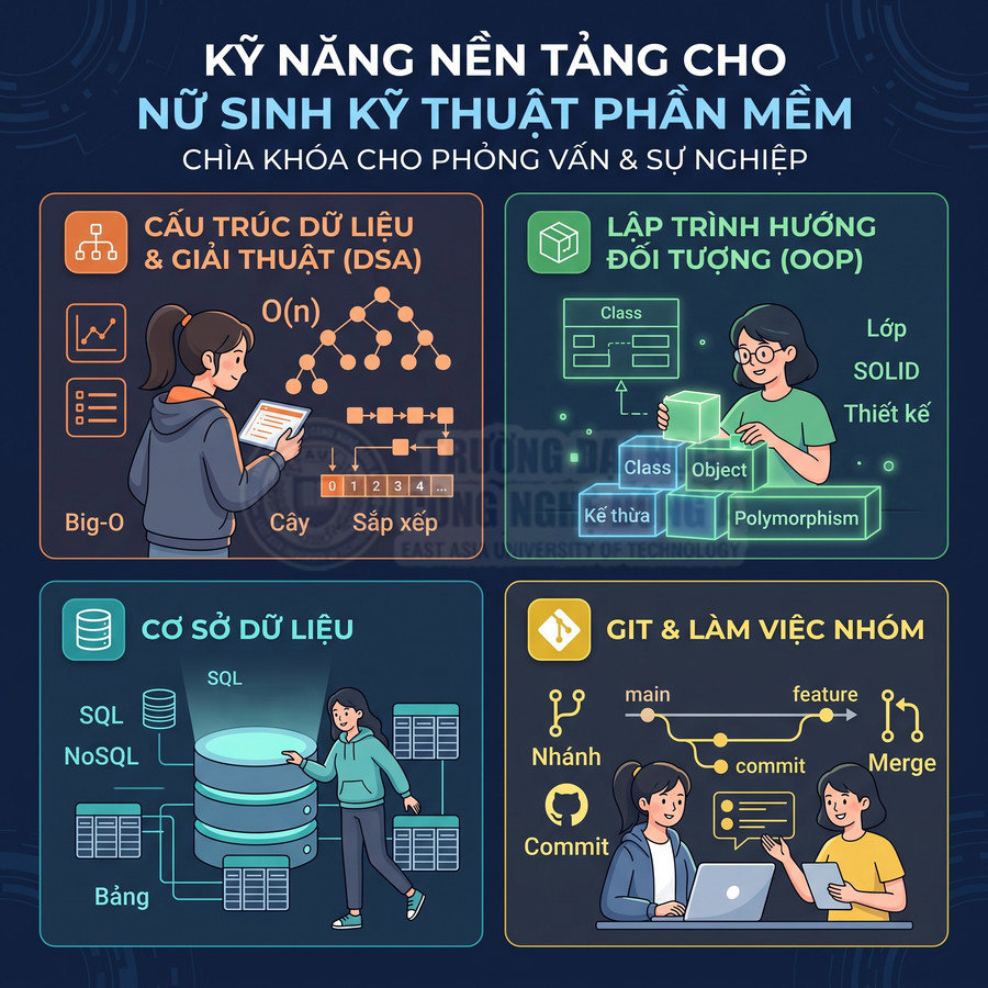 Kỹ năng nền tảng cho nữ sinh kỹ thuật phần mềm gồm DSA, OOP, cơ sở dữ liệu, Git và làm việc nhóm