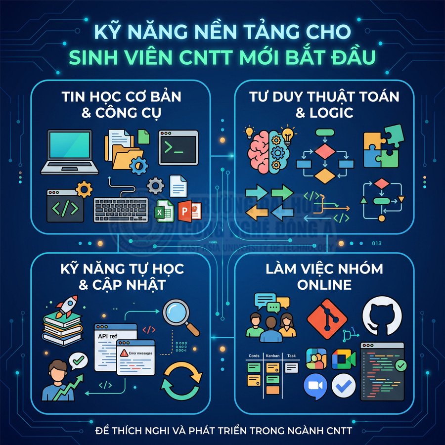 Kỹ năng nền tảng cho sinh viên CNTT mới bắt đầu gồm tin học cơ bản, thuật toán, tự học và làm việc nhóm online