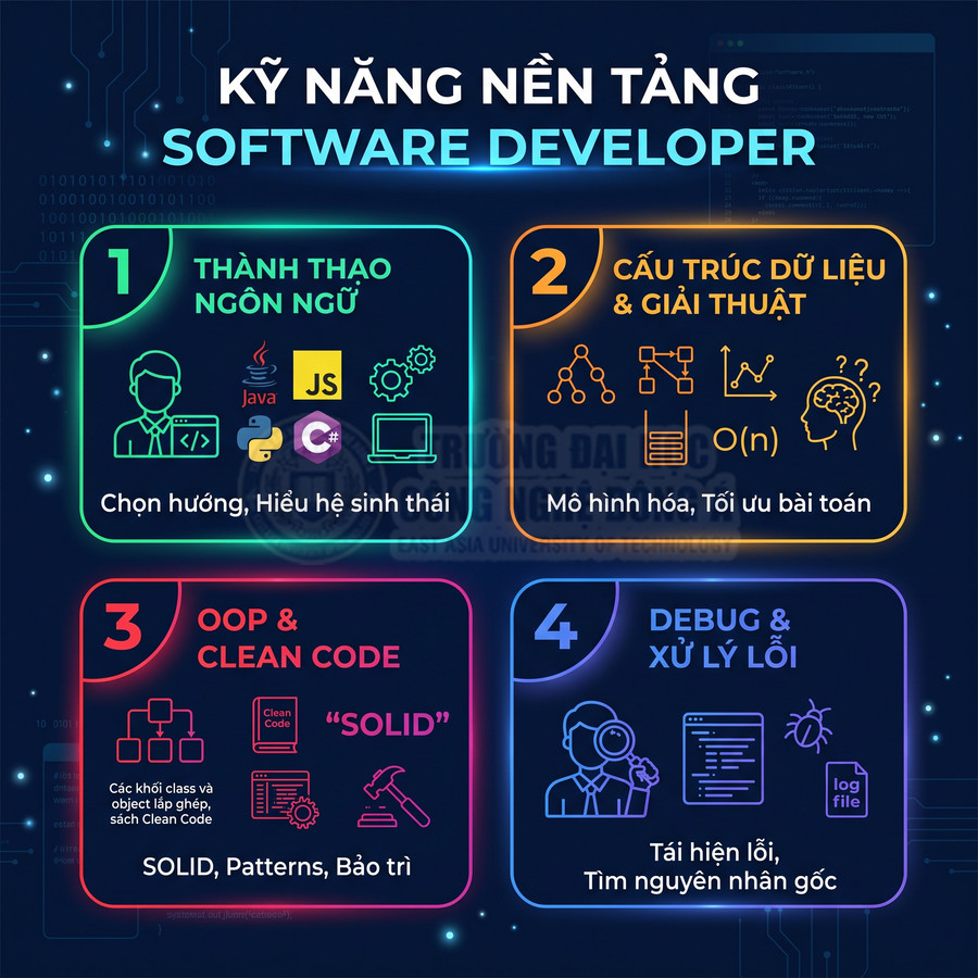 Infographic kỹ năng nền tảng cho software developer gồm ngôn ngữ lập trình, cấu trúc dữ liệu, OOP và debug